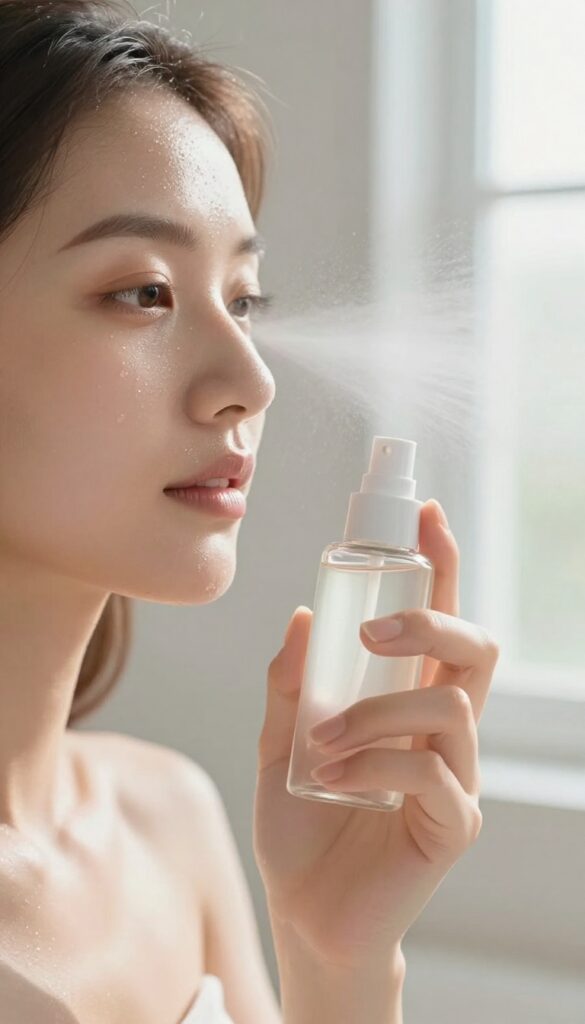 Woman spritzing hydrating face mist on her dewy skin in a bright bathroom