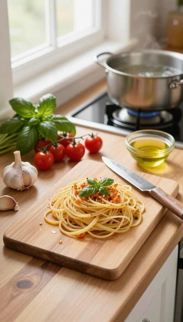 Overhead view of fresh pasta ingredients on a wooden counter with a pot on the stove, warm natural light, minimalist and calming kitchen scene.