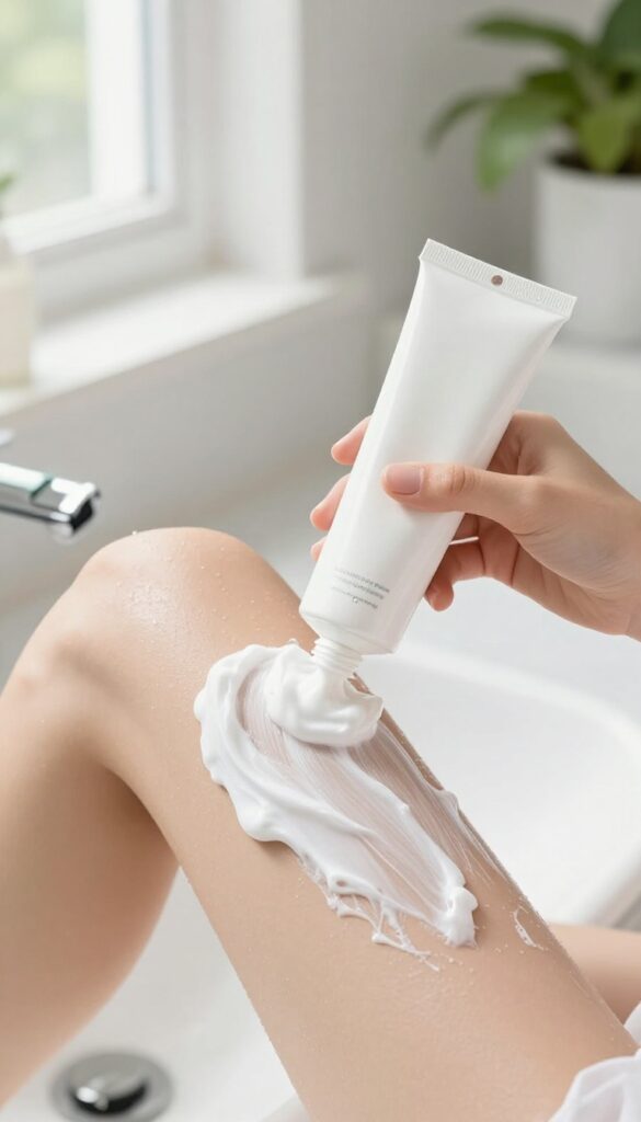 Woman applying shaving cream on leg in bright bathroom