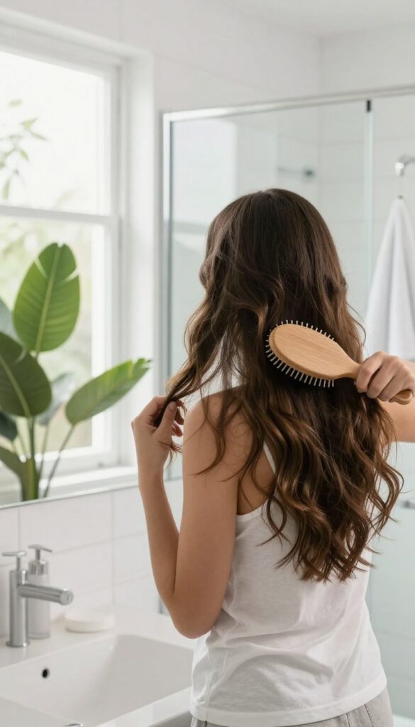 Woman brushing her long hair with a boar bristle brush before stepping into a bright, clean shower.