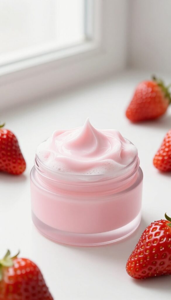 Strawberry shaving cream on a bathroom counter with fresh strawberries