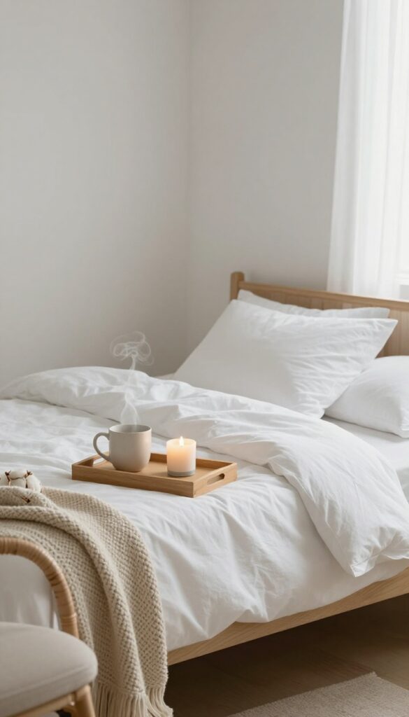 A peaceful morning ritual setup with a candle, mug, and cozy bedding in soft light.