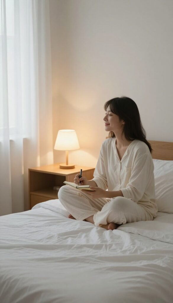 A person in pajamas sitting on the edge of a cozy bed at night, holding a journal and pen, smiling gently under warm lamp light.