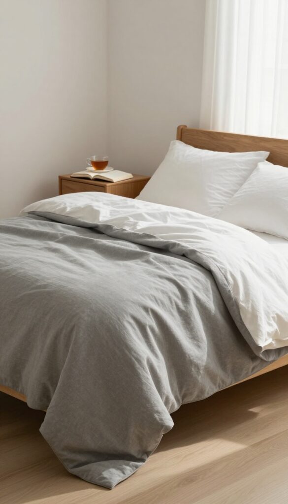 Cozy bedroom with weighted blanket on bed, soft natural light, serene atmosphere