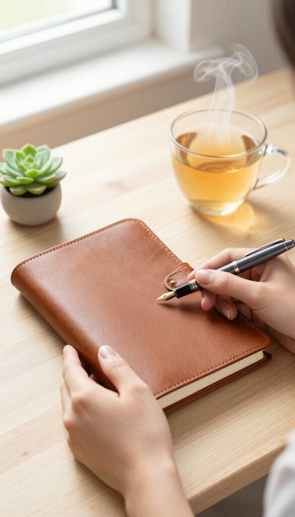 A person journaling with a fountain pen in a leather-bound notebook, with a cup of tea and a succulent on a wooden desk in soft morning light.
