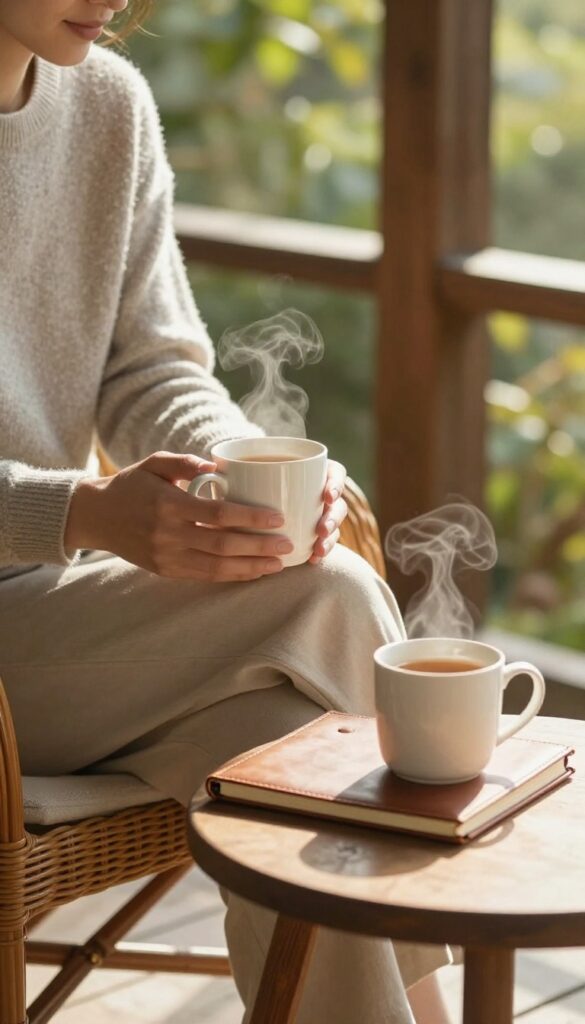 Person sitting on a porch with a mug, enjoying buffer time before starting the day.
