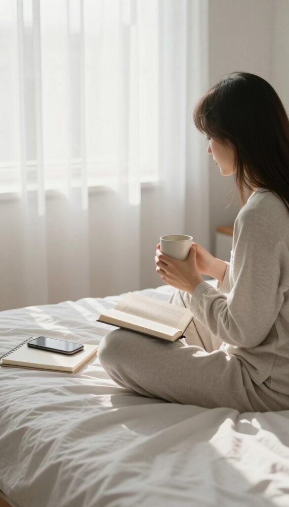 Woman enjoying a screen-free morning with a book and tea, phone placed away from the bed.