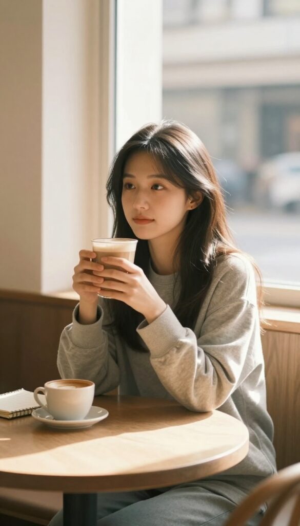 Young woman enjoying a solo date at a café, holding a warm drink, natural light, cozy atmosphere