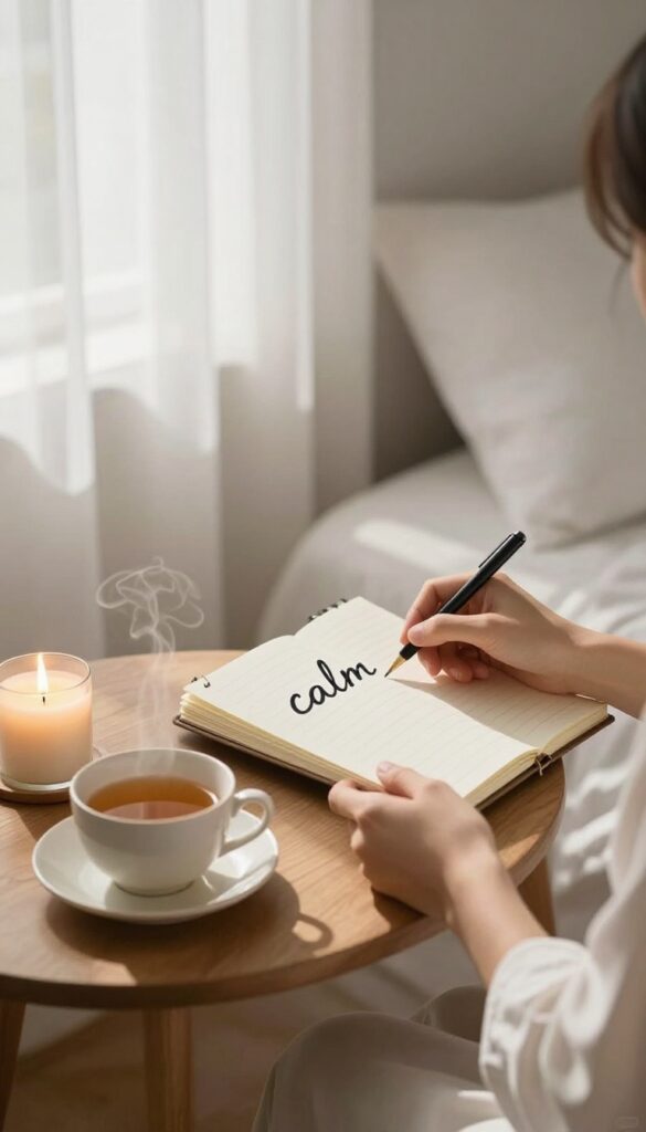 Woman setting a daily intention with a notebook in a calm morning bedroom