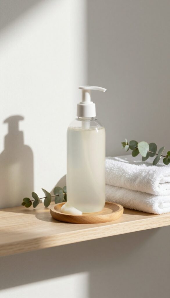 Gentle body wash on a minimalist bathroom shelf with towel and eucalyptus