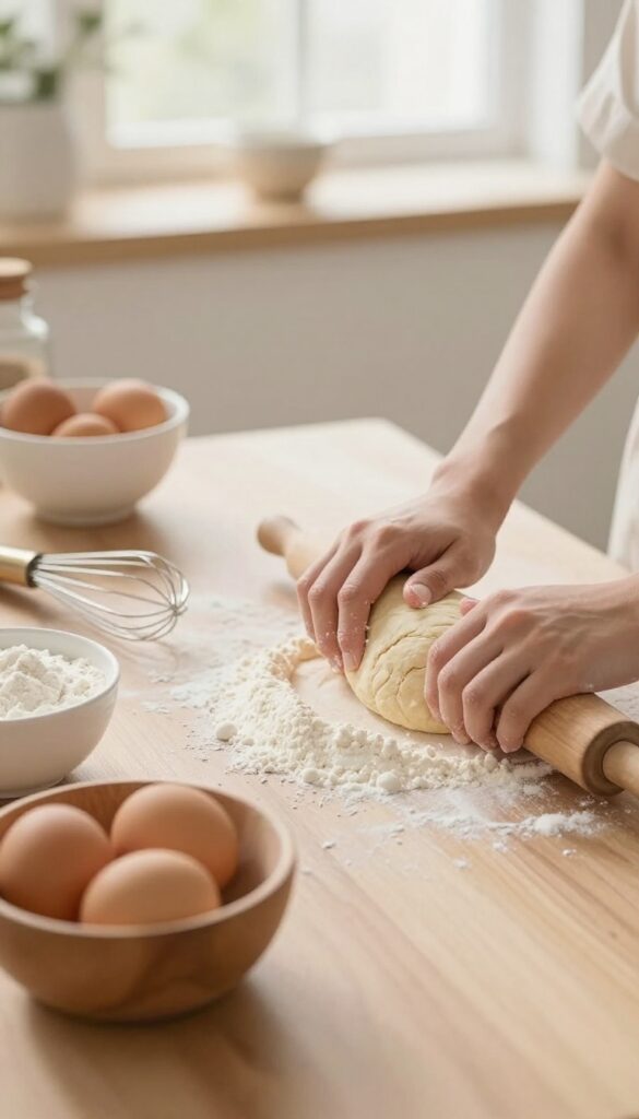 Hands kneading dough on a floured counter with baking ingredients in natural light