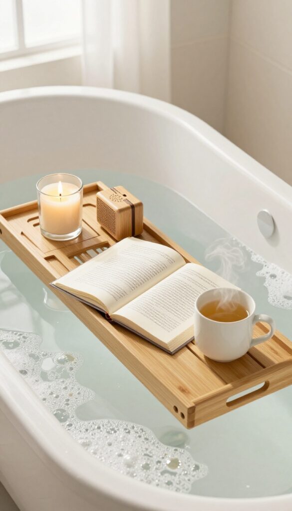 Bamboo bath tray with book, candle, speaker, and tea on a bathtub