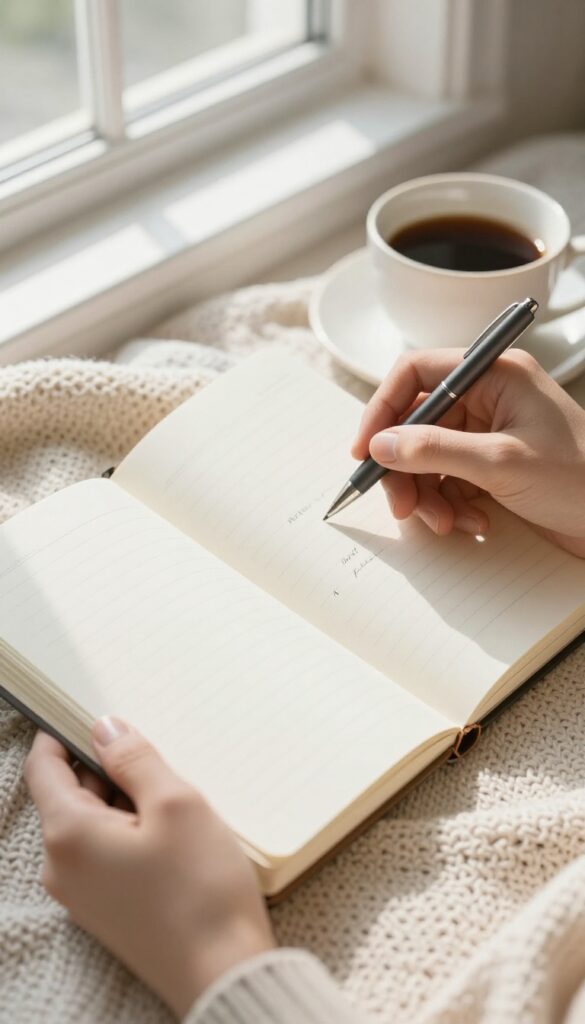 Person writing in a gratitude journal with a cup of tea on a cozy blanket in soft morning light