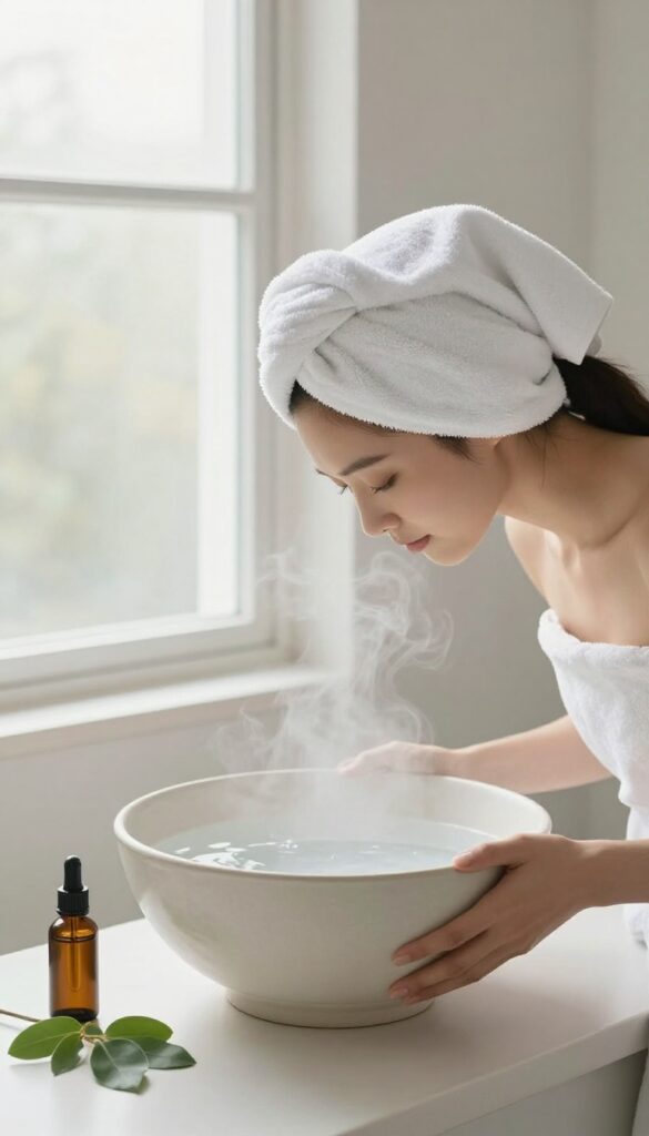 Woman using steam inhalation over a bowl with eucalyptus oil in a bright bathroom