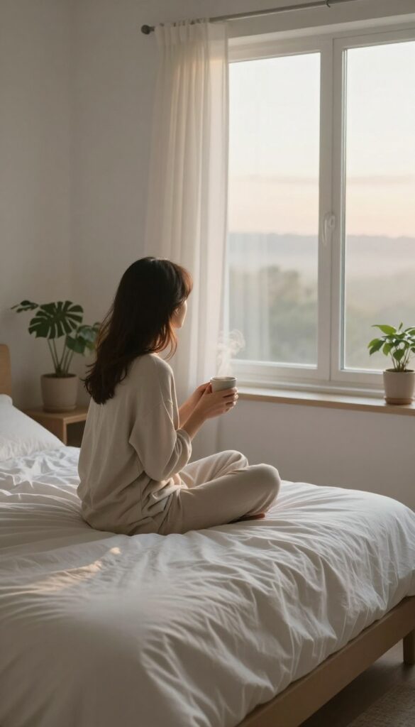 Person sitting on bed in morning light, holding tea, no phone, calm sunrise view