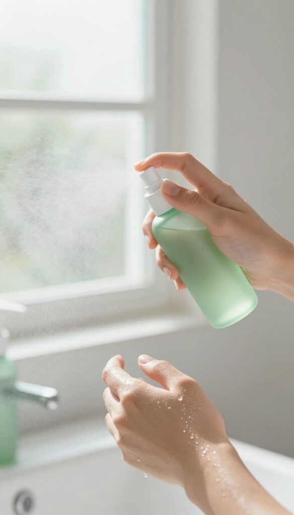 Woman spritzing cooling body mist on arm after shower