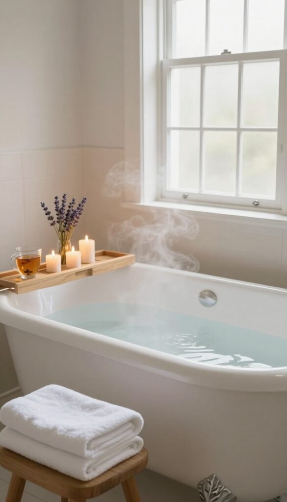 Peaceful bathroom with a warm bath, candles, lavender, and tea, evoking relaxation and self-care.