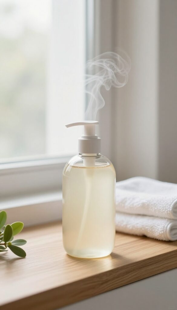 Warm vanilla body wash on a wooden shelf in a cozy bathroom with soft steam and natural light