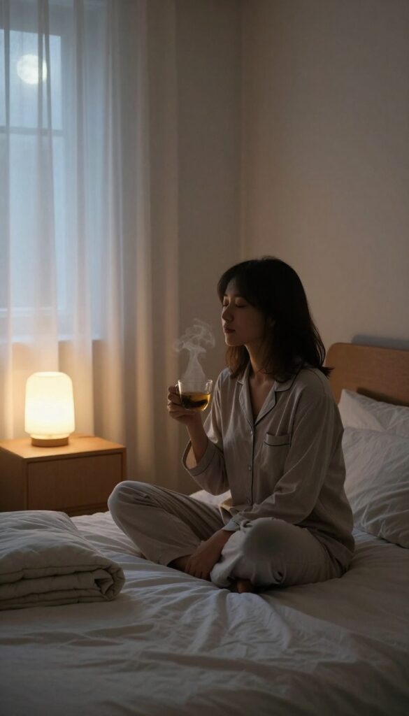 Woman meditating in cozy bedroom at night with soft lighting and tea