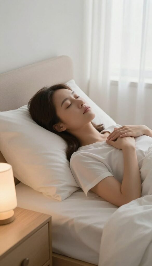 Woman lying in bed at night, eyes closed, hand on chest, practicing calming affirmation, peaceful self-care routine