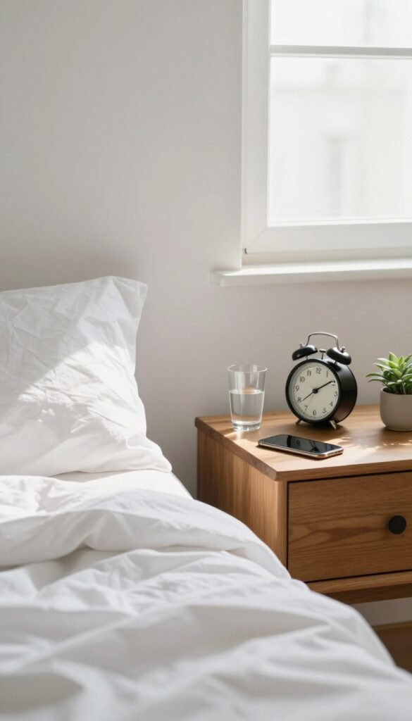 A peaceful morning scene with a traditional alarm clock and a phone placed out of reach on a nightstand, representing waking up without your phone.