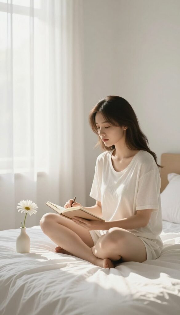 Woman sitting peacefully on a bed in a sunlit minimalist bedroom, holding a notebook, symbolizing self-care and setting boundaries.