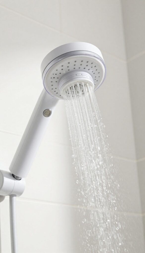 Close-up of a shower filter attached to a showerhead, clear water flowing through the transparent housing, bright natural light, minimalist bathroom background.