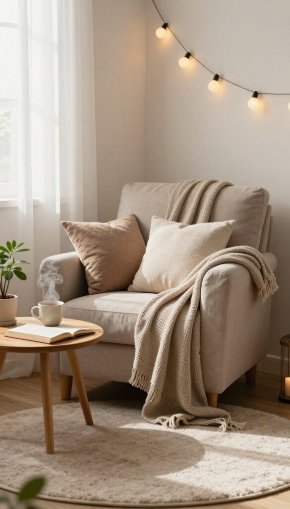 Cozy reading nook with armchair, blankets, pillows, tea, book, string lights, and plant