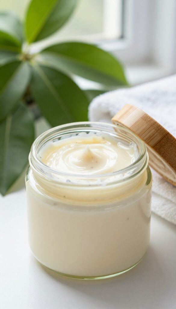Vanilla and patchouli body butter in a glass jar on a wooden shelf with soft natural light and a spa-like background.