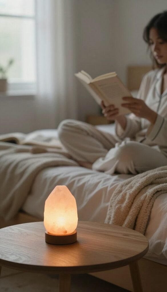 A person in cozy pajamas reading a book in a dimly lit, serene bedroom with a salt lamp and tidy space