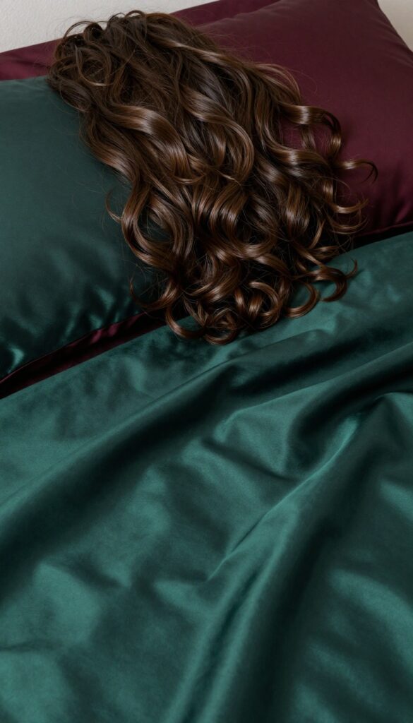 Woman with curly hair sleeping on a silk pillowcase, showing defined curls and smooth fabric