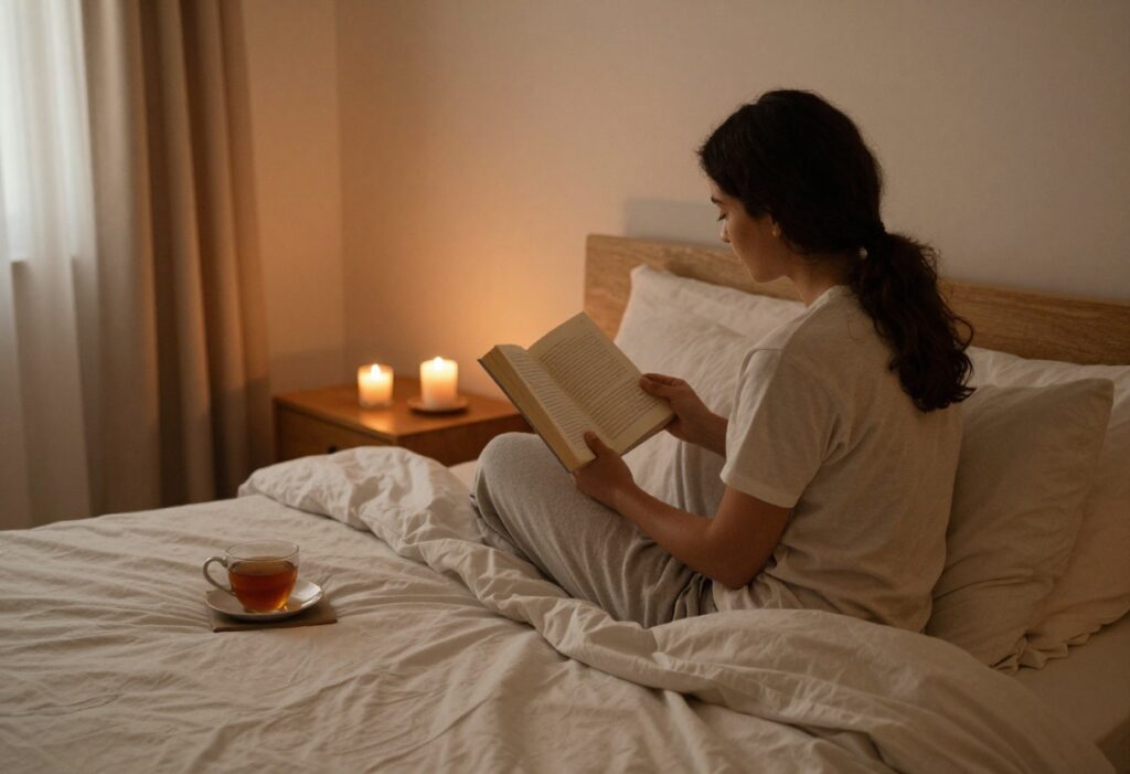 Person reading a book by candlelight in a cozy bedroom, screen-free evening wind down