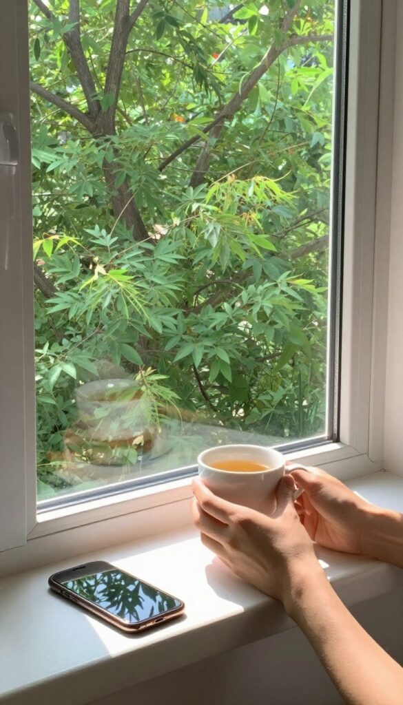 Person taking a tech break by a window, holding tea, looking at nature, phone set aside