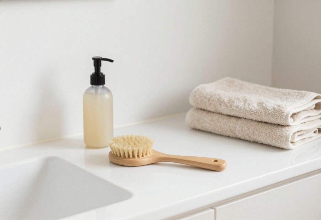 A serene bathroom setup with body care essentials like lotion, dry brush, and towel on a counter.