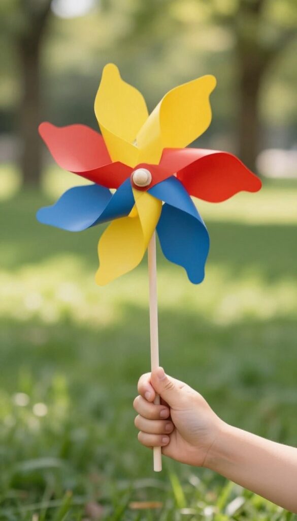 Child holding a colorful pinwheel in a sunny garden