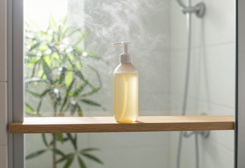 Spa-like bathroom with body wash bottle and steam