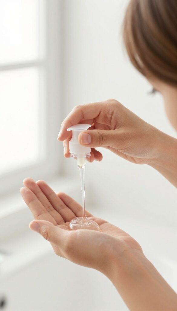 Person diluting shampoo with water in a small squeeze bottle before washing hair