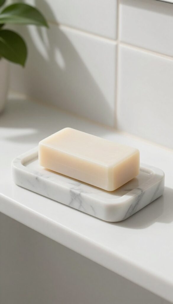 Marble soap dish on shower shelf with soap and natural light