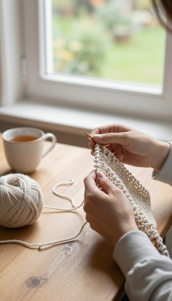 Person knitting at a sunlit table with tea, representing a hobby for self-care
