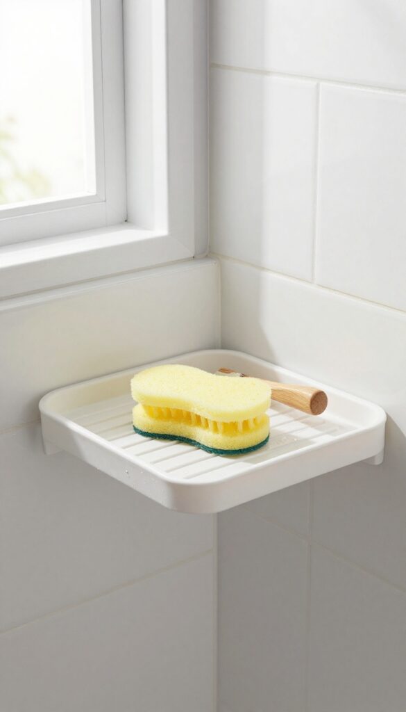 A silicone shower tray with drainage ridges holding a sponge and scrub brush on a corner shelf, with natural light and clean tiles.