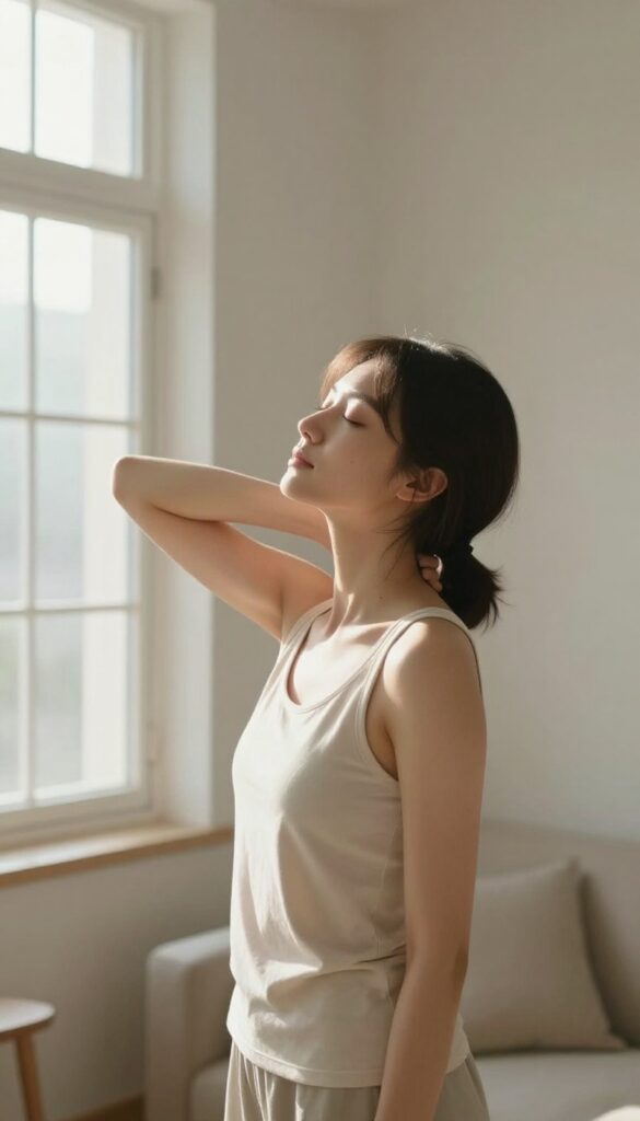 Person stretching neck in sunlit living room for a 60-second reset