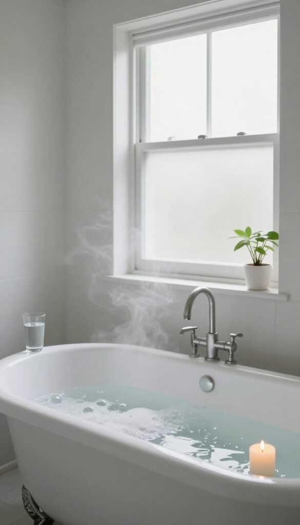 Cozy bathroom with candlelit bathtub, steam, and soft natural light, evoking a mindful shower or bath ritual.