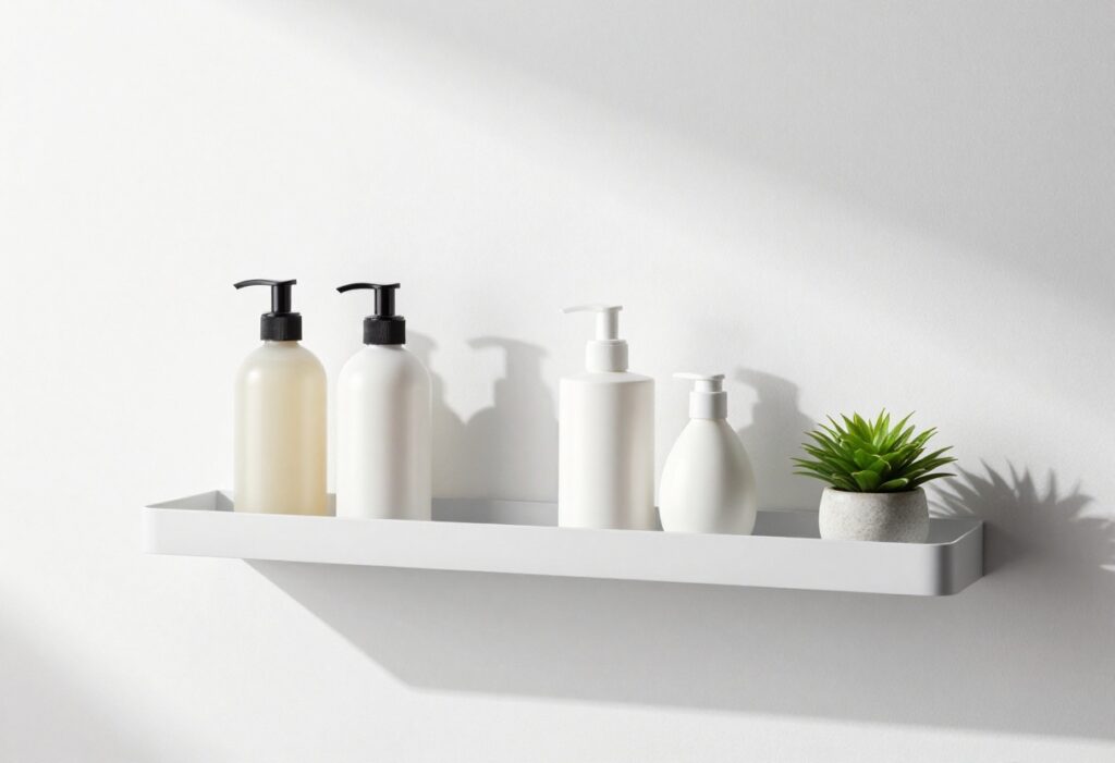 Bathroom shelf with shower products like shampoo, body wash, and scrub in a tidy arrangement