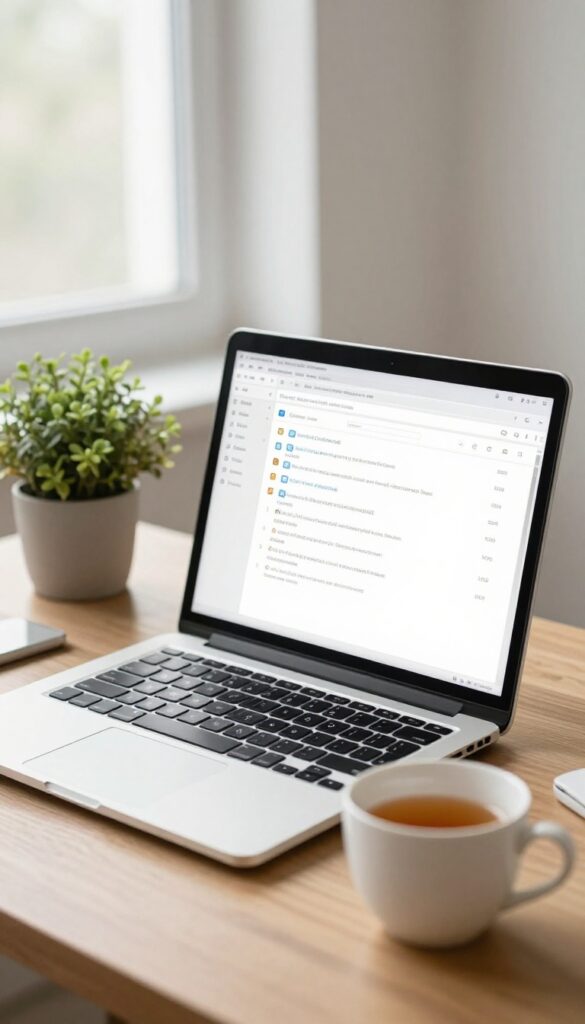 Organized email inbox on a laptop with tea and plant on desk