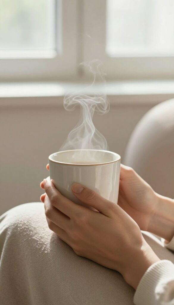 Person holding a warm mug of tea in a cozy armchair by a sunlit window, enjoying a quiet moment without distractions.