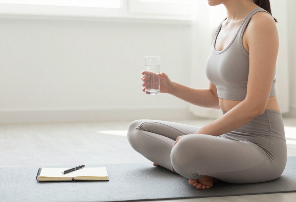 Person practicing morning self-care with water and journal in a peaceful room