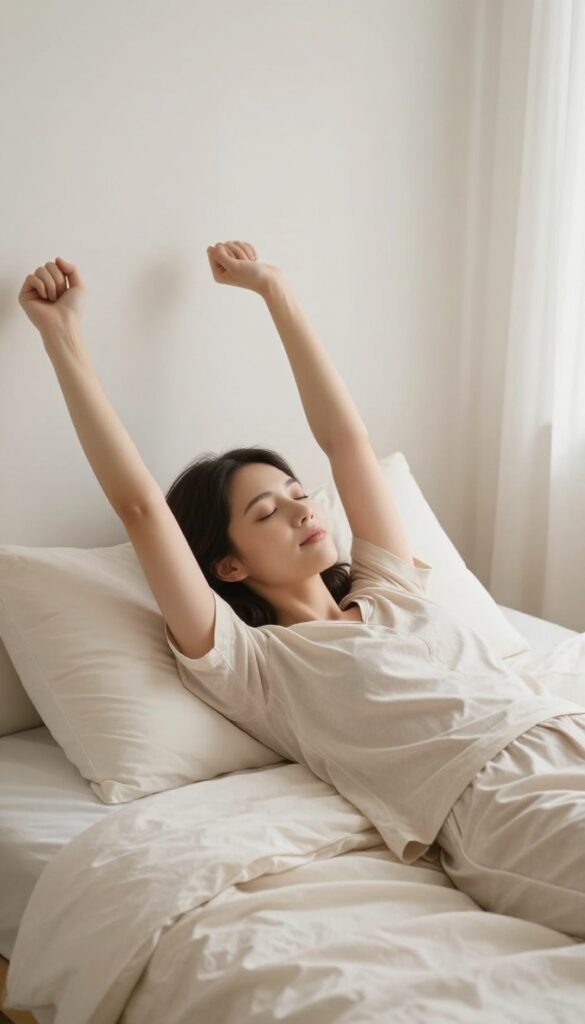 Woman stretching on bed in cozy bedroom at dusk