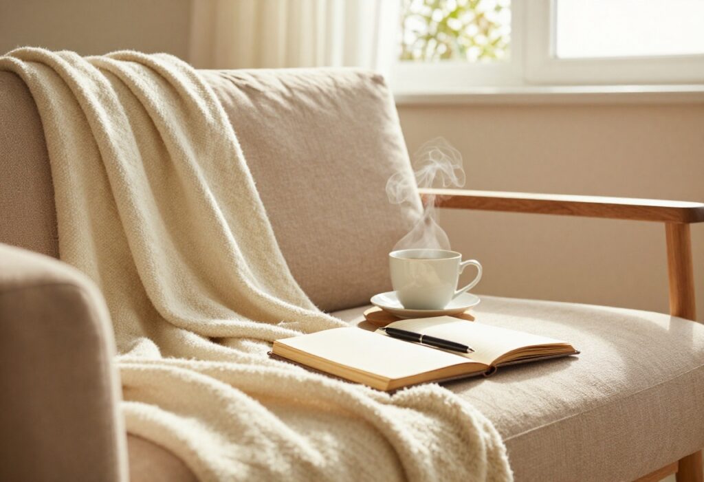 Cozy self-care Sunday setup with blanket, tea, and journal
