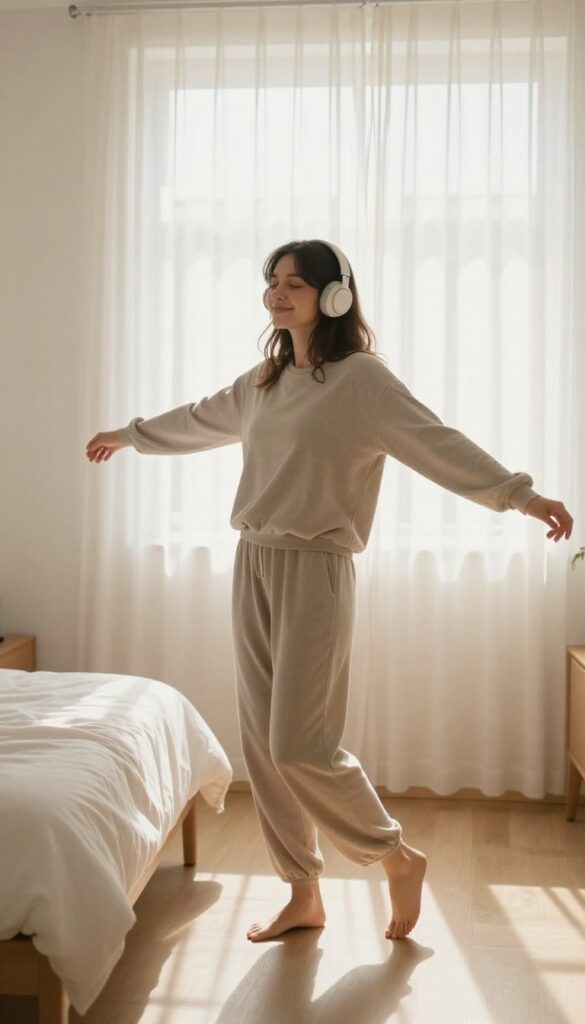 Woman dancing alone in sunlit bedroom with headphones