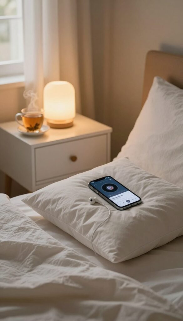 Cozy bedroom with smartphone playing a sleep podcast on a pillow, soft lighting, earbuds and tea nearby.